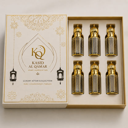 Kasid Al Qamar Luxury Attar Gift Set – 6 Premium Arabic Attars (6ml Each)