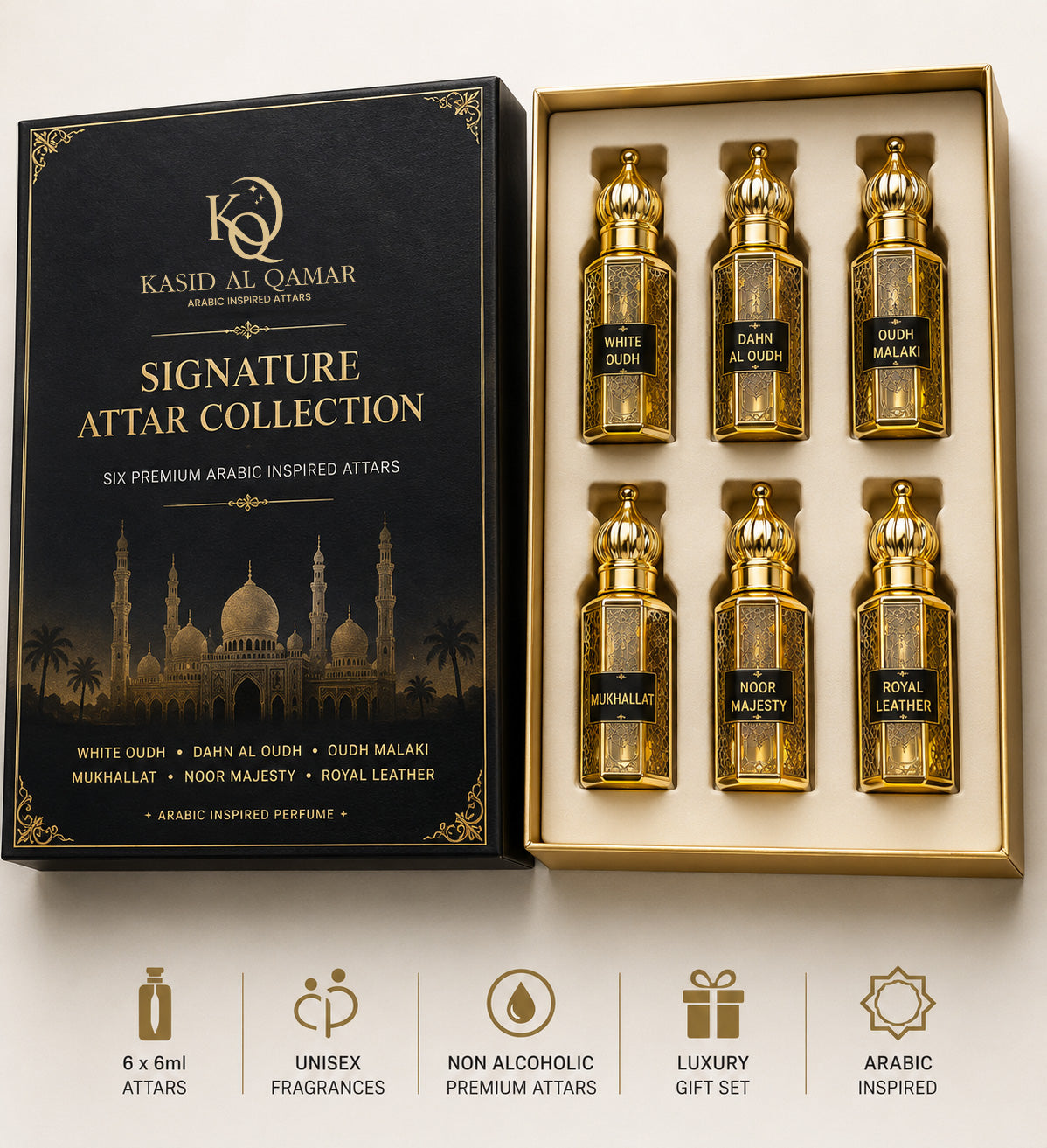 Kasid Al Qamar Luxury Attar Gift Set – 6 Premium Arabic Attars (6ml Each)